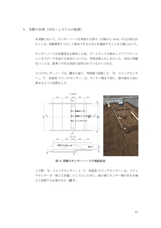 11
5. 実験の計画（目的・システムの配置）
本実験において、センサーノードを埋設する深さ（天端から 10cm）の土が流され
たことを、
実験環境下で正しく検知できるか否かを確認することを主眼においた。
センサーノードが状態変化を検知した後、ゲートウェイを経由してアプリケーシ
ョンまでデータを届ける部分については、考察対象とはしなかった。実用上問題
ないことは、数多くの社会実装で証明されているからである。
３つのセンサーノードは、図 6 の通り、等間隔で設置した。
「B: スイッチセンサ
ー」
、
「C: 加速度+スイッチセンサー」は、センサー側を下部に、磁石側を上部に
乗せるように設置をした。
図 6 実際のセンサーノードの埋設状況
この際、
「B: スイッチセンサー」と「C: 加速度+スイッチセンサー」は、スイッ
チセンサーが「閉じた状態」としておくために、磁石側とセンサー側の向きを揃
えて設置する必要がある（図 7）
。
 