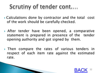  Calculations done by contractor and the total cost
of the work should be carefully checked.
 After tender have been opened, a comparative
statement is prepared in presence of the tender
opening authority and got signed by them.
 Then compare the rates of various tenders in
respect of each item rate against the estimated
rate.
Scrutiny of tender cont.…
32
BACK
 
