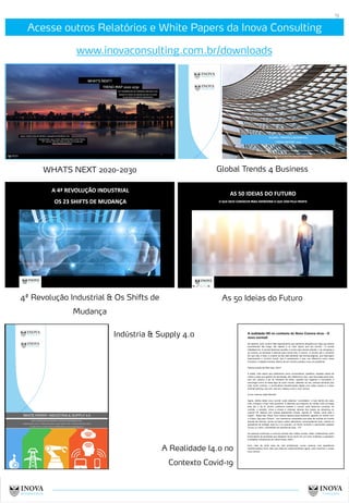 Acesse outros Relatórios e White Papers da Inova Consulting
19
www.inovaconsulting.com.br/downloads
WHATS NEXT 2020-2030 Global Trends 4 Business
4ª Revolução Industrial & Os Shifts de
Mudança
As 50 Ideias do Futuro
Indústria & Supply 4.0
A Realidade I4.0 no
Contexto Covid-19
 