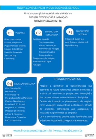 3
INOVA CONSULTING & INOVA BUSINESS SCHOOL
Uma empresa global especializada e focada em
FUTURO, TENDÊNCIAS E INOVAÇÃO
TRENDSINNOVATION | T&I
PESQUISA
01
Drivers de mudança
Estudos prospectivos
Mapeamento de cenários
Estudos de tendências
Foresight de negócio
Trend tracking
Coolhunting
CONSULTORIA
ESTRATÉGICA
02
Gestão da Inovação
Trendsinnovation
Cultura de inovação
Framework de inovação
Inovação disruptiva
Inovação aberta
Planejamento Estratégico
Transformação Digital
Full Agile
03 CONSULTORIA
SETORIAL
Indústria & Supply 4.0
Agro Business Inteligente &
Digital Farming
04 EDUCAÇÃO EXECUTIVA
Mba Executivo T&I
Pós-mba T&I
Conselheiros T&I
Pós-graduação NeuroMarketing
Masters, Nanodegrees
Inova Day & FTI Summit
Programas In Company
Palestras & Seminários
Advisor & Mentoring
Universidade Corporativa
EAD | Inova Online
Mapear e ıdentıfıcar as transformações que
ocorrerão no futuro (futurısmo), através do estudo e
análıse dos movımentos prospectıvos (foresıght) e
das tendêncıas que se manifestam a nível global.
Gestão de inovação e planejamento de negócio
como vantagens competitivas sustentáveis, através
de propostas estratégicas que asseguram o
resultado e a perenidade da empresa.
Usar o conhecimento gerado pelas Tendências para
a Gestão e Inovação Estratégicas nas empresas.
TRENDSINNOVATION
www.inovaconsulting.com.br | www.inovabs.com.br
 