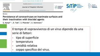 Il tempo di sopravvivenza di un virus dipende da una
serie di fattori:
- tipo di superficie
- temperatura
- umidità relativa
- ceppo specifico del virus.
 