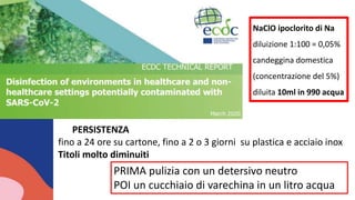 PRIMA pulizia con un detersivo neutro
POI un cucchiaio di varechina in un litro acqua
PERSISTENZA
fino a 24 ore su cartone, fino a 2 o 3 giorni su plastica e acciaio inox
Titoli molto diminuiti
NaClO ipoclorito di Na
diluizione 1:100 = 0,05%
candeggina domestica
(concentrazione del 5%)
diluita 10ml in 990 acqua
 