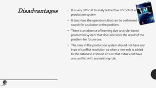 (Centrefor KnowledgeTransfer)
institute
Disadvantages • It is very difficult to analyze the flow of control within a
production system
• It describes the operations that can be performed in a
search for a solution to the problem.
• There is an absence of learning due to a rule-based
production system that does not store the result of the
problem for future use.
• The rules in the production system should not have any
type of conflict resolution as when a new rule is added
to the database it should ensure that it does not have
any conflict with any existing rule.
 