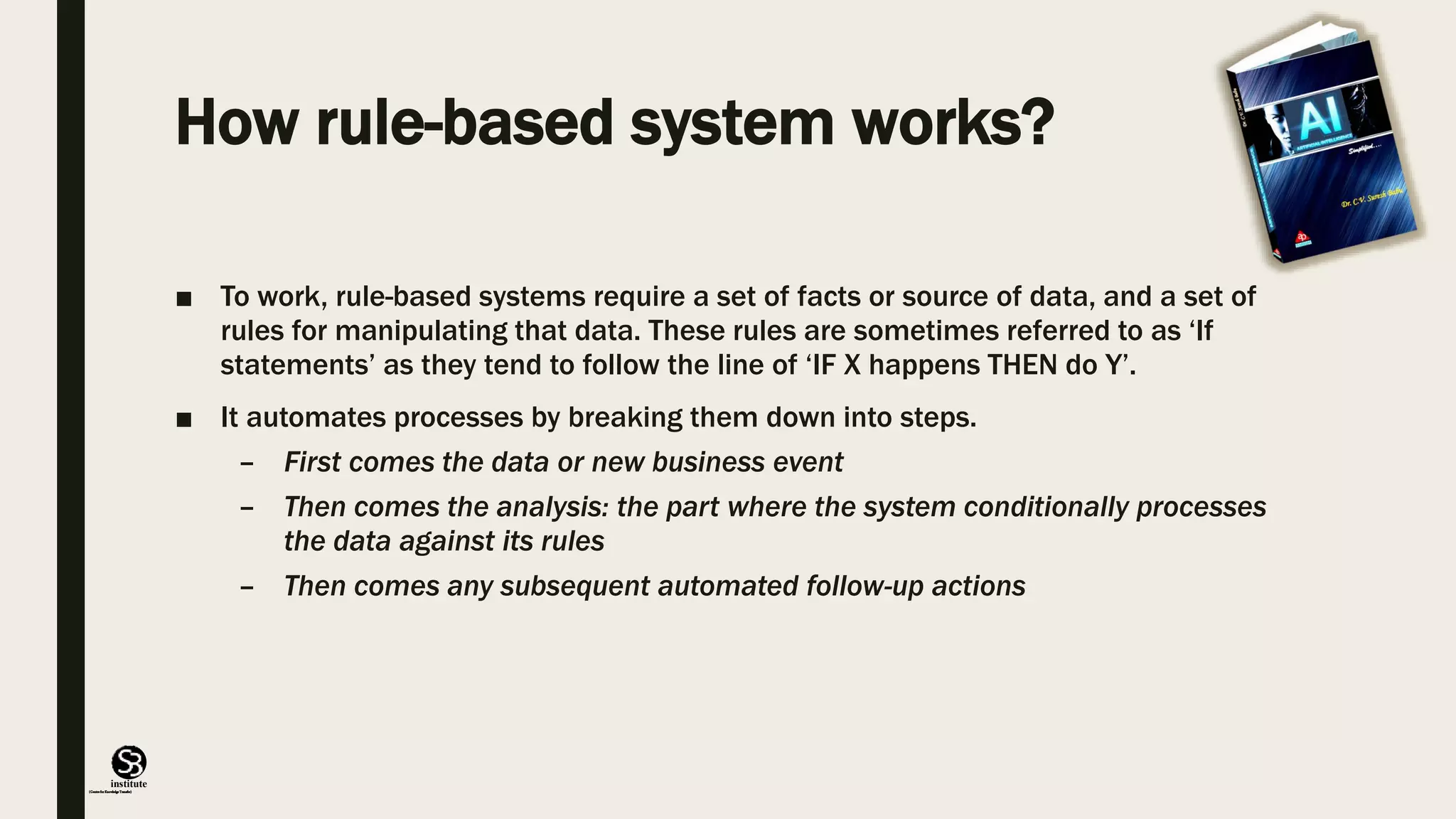 (CentreforKnowledgeTransfer)
institute
How rule-based system works?
■ To work, rule-based systems require a set of facts or source of data, and a set of
rules for manipulating that data. These rules are sometimes referred to as ‘If
statements’ as they tend to follow the line of ‘IF X happens THEN do Y’.
■ It automates processes by breaking them down into steps.
– First comes the data or new business event
– Then comes the analysis: the part where the system conditionally processes
the data against its rules
– Then comes any subsequent automated follow-up actions
 