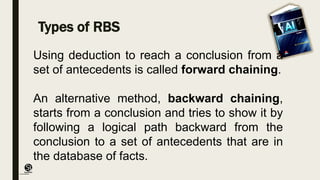 (CentreforKnowledgeTransfer)
institute
Types of RBS
Using deduction to reach a conclusion from a
set of antecedents is called forward chaining.
An alternative method, backward chaining,
starts from a conclusion and tries to show it by
following a logical path backward from the
conclusion to a set of antecedents that are in
the database of facts.
 