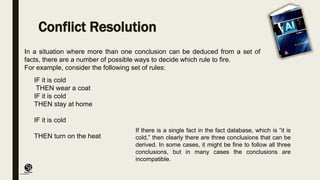 (CentreforKnowledgeTransfer)
institute
Conflict Resolution
In a situation where more than one conclusion can be deduced from a set of
facts, there are a number of possible ways to decide which rule to fire.
For example, consider the following set of rules:
IF it is cold
THEN wear a coat
IF it is cold
THEN stay at home
IF it is cold
THEN turn on the heat
If there is a single fact in the fact database, which is “it is
cold,” then clearly there are three conclusions that can be
derived. In some cases, it might be fine to follow all three
conclusions, but in many cases the conclusions are
incompatible.
 