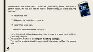 (CentreforKnowledgeTransfer)
institute
In one conflict resolution method, rules are given priority levels, and when a
conflict occurs, the rule that has the highest priority is fired, as in the following
example:
IF patient has pain
THEN prescribe painkillers priority 10
IF patient has chest pain
THEN treat for heart disease priority 100
• Here, it is clear that treating possible heart problems is more important than
just curing the pain.
• An alternative method is the longest-matching strategy.
• This method involves firing the conclusion that was derived from the longest
rule.
 