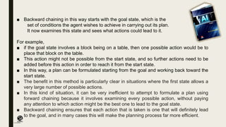 (CentreforKnowledgeTransfer)
institute
■ Backward chaining in this way starts with the goal state, which is the
set of conditions the agent wishes to achieve in carrying out its plan.
It now examines this state and sees what actions could lead to it.
For example,
■ if the goal state involves a block being on a table, then one possible action would be to
place that block on the table.
■ This action might not be possible from the start state, and so further actions need to be
added before this action in order to reach it from the start state.
■ In this way, a plan can be formulated starting from the goal and working back toward the
start state.
■ The benefit in this method is particularly clear in situations where the first state allows a
very large number of possible actions.
■ In this kind of situation, it can be very inefficient to attempt to formulate a plan using
forward chaining because it involves examining every possible action, without paying
any attention to which action might be the best one to lead to the goal state.
■ Backward chaining ensures that each action that is taken is one that will definitely lead
to the goal, and in many cases this will make the planning process far more efficient.
 