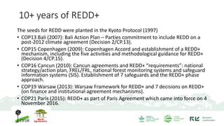10+ years of REDD+
The seeds for REDD were planted in the Kyoto Protocol (1997)
• COP13 Bali (2007): Bali Action Plan – Pa...