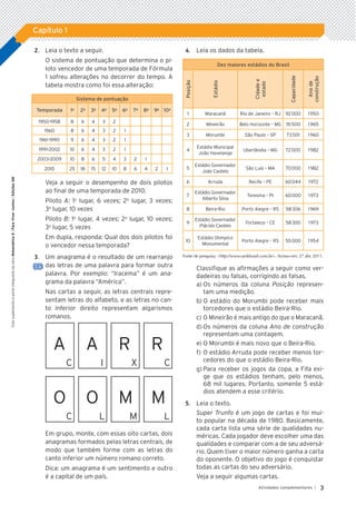 3
Atividades complementares |
Capítulo 1
Este
suplemento
é
parte
integrante
da
obra
Matemática
6
|
Para
Viver
Juntos
|
Edições
SM
	2.		 Leia o texto a seguir.
O sistema de pontuação que determina o pi-
loto vencedor de uma temporada de Fórmula
1 sofreu alterações no decorrer do tempo. A
tabela mostra como foi essa alteração:
Sistema de pontuação
Temporada 1a
2a
3a
4a
5a
6a
7a
8a
9a
10a
1950-1958 8 6 4 3 2
1960 8 6 4 3 2 1
1961-1990 9 6 4 3 2 1
1991-2002 10 6 4 3 2 1
2003-2009 10 8 6 5 4 3 2 1
2010 25 18 15 12 10 8 6 4 2 1
Veja a seguir o desempenho de dois pilotos
ao final de uma temporada de 2010.
Piloto A: 1o
lugar, 6 vezes; 2o
lugar, 3 vezes;
3o
lugar, 10 vezes
Piloto B: 1o
lugar, 4 vezes; 2o
lugar, 10 vezes;
3o
lugar, 5 vezes
Em dupla, responda: Qual dos dois pilotos foi
o vencedor nessa temporada?
	3.		 Um anagrama é o resultado de um rearranjo
das letras de uma palavra para formar outra
palavra. Por exemplo: “Iracema” é um ana-
grama da palavra “América”.
Nas cartas a seguir, as letras centrais repre-
sentam letras do alfabeto, e as letras no can-
to inferior direito representam algarismos
romanos.
A
C
A
I
R
X
R
C
O
C
O
L
M
M
M
L
Em grupo, monte, com essas oito cartas, dois
anagramas formados pelas letras centrais, de
modo que também forme com as letras do
canto inferior um número romano correto.
Dica: um anagrama é um sentimento e outro
é a capital de um país.
	4.		 Leia os dados da tabela.
Dez maiores estádios do Brasil
Posição
Estádio
Cidade
e
estado
Capacidade
Ano
de
construção
1 Maracanã Rio de Janeiro – RJ 92 000 1 950
2 Mineirão Belo Horizonte – MG 76 500 1 965
3 Morumbi São Paulo – SP 73 501 1 960
4
Estádio Municipal
João Havelange
Uberlândia – MG 72 000 1 982
5
Estádio Governador
João Castelo
São Luís – MA 70 000 1 982
6 Arruda Recife – PE 60 044 1 972
7
Estádio Governador
Alberto Silva
Teresina – PI 60 000 1 973
8 Beira-Rio Porto Alegre – RS 58 306 1 969
9
Estádio Governador
Plácido Castelo
Fortaleza – CE 58 300 1 973
10
Estádio Olímpico
Monumental
Porto Alegre – RS 55 000 1 954
Fonte de pesquisa: <http://www.rankbrasil.com.br>. Acesso em: 27 abr. 2011.
Classifique as afirmações a seguir como ver-
dadeiras ou falsas, corrigindo as falsas.
a)	Os números da coluna Posição represen-
tam uma medição.
b)	O estádio do Morumbi pode receber mais
torcedores que o estádio Beira-Rio.
c)	O Mineirão é mais antigo do que o Maracanã.
d)	Os números da coluna Ano de construção
representam uma contagem.
e)	O Morumbi é mais novo que o Beira-Rio.
f)	O estádio Arruda pode receber menos tor-
cedores do que o estádio Beira-Rio.
g)	Para receber os jogos da copa, a Fifa exi-
ge que os estádios tenham, pelo menos,
68 mil lugares. Portanto, somente 5 está-
dios atendem a esse critério.
	5.		 Leia o texto.
Super Trunfo é um jogo de cartas e foi mui-
to popular na década de 1 980. Basicamente,
cada carta lista uma série de qualidades nu-
méricas. Cada jogador deve escolher uma das
qualidades e comparar com a de seu adversá-
rio. Quem tiver o maior número ganha a carta
do oponente. O objetivo do jogo é conquistar
todas as cartas do seu adversário.
Veja a seguir algumas cartas.
5P_VJ_M6_SITE_AC_001A035.indd 3 25/01/12 10:00
 