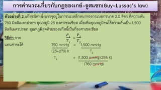 การคานวณเกี่ยวกับกฎของเกย์-ลูสแซก(Guy-Lussac’s law)
ตัวอย่างที่ 2 แก๊สชนิดหนึ่งบรรจุอยู่ในภาชนะเหล็กหนาทรงกระบอกขนาด 2.0 ลิตร ที่ความดัน
760 มิลลิเมตรปรอท อุณหภูมิ 25 องศาเซลเซียส เมื่อเพิ่มอุณหภูมิจนได้ความดันเป็น 1,500
มิลลิเมตรปรอท อุณหภูมิสุดท้ายของแก๊สนี้เป็นกี่องศาเซลเซียส
วิธีทา จาก
𝑃1
𝑇1
=
𝑃2
𝑇2
แทนค่าจะได้ 750 mmHg = 1,500 mmHg
(25+273) K T2
T2 = (1,500 mmHg)(298 K)
(760 mmHg)
 
