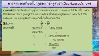 การคานวณเกี่ยวกับกฎของเกย์-ลูสแซก(Guy-Lussac’s law)
ตัวอย่างที่ 2 แก๊สชนิดหนึ่งบรรจุอยู่ในภาชนะเหล็กหนาทรงกระบอกขนาด 2.0 ลิตร ที่ความดัน
760 มิลลิเมตรปรอท อุณหภูมิ 25 องศาเซลเซียส เมื่อเพิ่มอุณหภูมิจนได้ความดันเป็น 1,500
มิลลิเมตรปรอท อุณหภูมิสุดท้ายของแก๊สนี้เป็นกี่องศาเซลเซียส
วิธีทา จาก
𝑃1
𝑇1
=
𝑃2
𝑇2
แทนค่าจะได้ 750 mmHg = 1,500 mmHg
(25+273) K T2
T2 = (1,500 mmHg)(298 K)
(760 mmHg)
T2 = 447,000 K
760
 