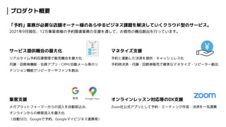 プロダクト概要
サービス提供機会の最大化
リアルタイム予約在庫管理で販売機会を最大化
月謝・回数券機能・会員アプリ・CRM/自動メール等のリ
テンション機能でリピーターやファンを創出
マネタイズ支援
予約と連動した決済を提供・キャッシュレス化
予約時決済・月謝・回数券販売で確実なマネタイズ・リピーター創出
集客支援
メガプラットフォーマーからの流入を自動取込み、
オンラインからの検索流入を最大化
（自動SEO、Googleで予約、Googleマイビジネス連携等）
オンラインレッスン対応等のDX支援
Zoom社公式アプリとして予約・ミーティング作成・決済を一気通貫
「予約」業務が必要な店舗オーナー様のあらゆるビジネス課題を解決していくクラウド型のサービス。
2021年9月現在、12万事業者様の予約関連業務の支援を通して、お商売の機会創出を行っています。
 