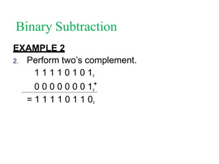 Binary Subtraction
EXAMPLE 2
2. Perform two’s complement.
1 1 1 1 0 1 0 12
2
= 1 1 1 1 0 1 1 02
0 0 0 0 0 0 0 1+
 