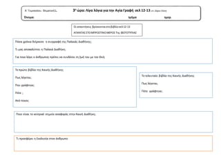 Α΄ Γυμνασίου. Θεματική1. 3η
ώρα: Λίγα λόγια για την Αγία Γραφή σελ 12-13 υπ. Ζάχου Ελένη
Όνομα: τμήμα ημερ.
Οι απαντήσεις ...
