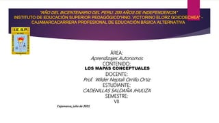 ÁREA:
Aprendizajes Autonomos
CONTENIDO:
LOS MAPAS CONCEPTUALES
DOCENTE:
Prof. Wilder Neptali Orrillo Ortiz
ESTUDIANTE:
CADENILLAS SALDAÑA JHULIZA
SEMESTRE:
VII
Cajamarca, julio de 2021
“AÑO DEL BICENTENARIO DEL PERU: 200 AÑOS DE INDEPENDENCIA”
INSTITUTO DE EDUCACIÓN SUPERIOR PEDAGÓGICO“HNO. VICTORINO ELORZ GOICOECHEA” –
CAJAMARCACARRERA PROFESIONAL DE EDUCACIÓN BÁSICA ALTERNATIVA
 