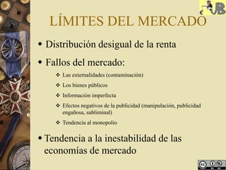 LÍMITES DEL MERCADO
 Distribución desigual de la renta
 Fallos del mercado:
 Las externalidades (contaminación)
 Los bienes públicos
 Información imperfecta
 Efectos negativos de la publicidad (manipulación, publicidad
engañosa, subliminal)
 Tendencia al monopolio
Tendencia a la inestabilidad de las
economías de mercado
 