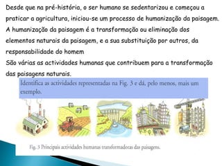 Desde que na pré-história, o ser humano se sedentarizou e começou a
praticar a agricultura, iniciou-se um processo de humanização da paisagem.
A humanização da paisagem é a transformação ou eliminação dos
elementos naturais da paisagem, e a sua substituição por outros, da
responsabilidade do homem
São várias as actividades humanas que contribuem para a transformação
das paisagens naturais.
 