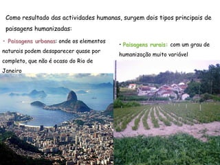Como resultado das actividades humanas, surgem dois tipos principais de
paisagens humanizadas:
• Paisagens urbanas: onde os elementos
naturais podem desaparecer quase por
completo, que não é ocaso do Rio de
Janeiro
• Paisagens rurais: com um grau de
humanização muito variável
 