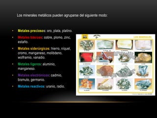 • Metales preciosos: oro, plata, platino.
• Metales básicos: cobre, plomo, zinc,
estaño.
• Metales siderúrgicos: hierro, níquel,
cromo, manganeso, molibdeno,
wolframio, vanadio.
• Metales ligeros: aluminio,
manganeso.
• Metales electrónicos: cadmio,
bismuto, germanio.
• Metales reactivos: uranio, radio.
Los minerales metálicos pueden agruparse del siguiente modo:
 