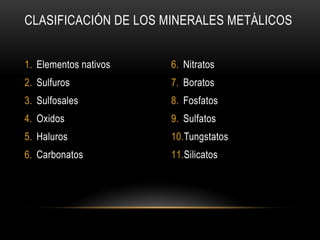 1. Elementos nativos
2. Sulfuros
3. Sulfosales
4. Oxidos
5. Haluros
6. Carbonatos
6. Nitratos
7. Boratos
8. Fosfatos
9. Sulfatos
10.Tungstatos
11.Silicatos
CLASIFICACIÓN DE LOS MINERALES METÁLICOS
 
