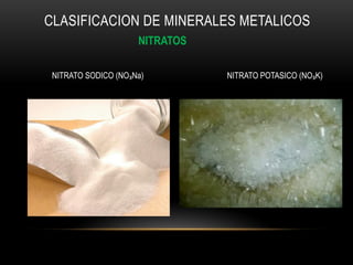 CLASIFICACION DE MINERALES METALICOS
NITRATOS
NITRATO SODICO (NO₃Na) NITRATO POTASICO (NO₃K)
 