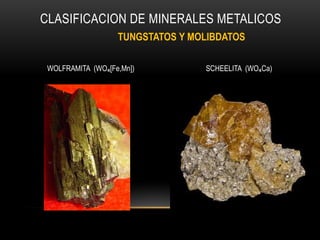 CLASIFICACION DE MINERALES METALICOS
TUNGSTATOS Y MOLIBDATOS
WOLFRAMITA (WO₄[Fe,Mn]) SCHEELITA (WO₄Ca)
 