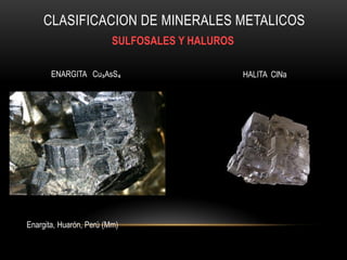 CLASIFICACION DE MINERALES METALICOS
SULFOSALES Y HALUROS
ENARGITA Cu₃AsS₄ HALITA ClNa
Enargita, Huarón, Perú (Mm)
 