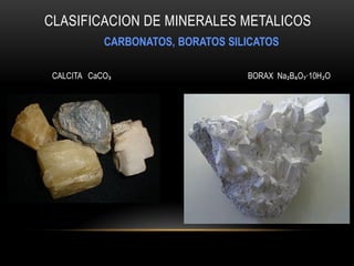 CLASIFICACION DE MINERALES METALICOS
CARBONATOS, BORATOS SILICATOS
CALCITA CaCO₃ BORAX Na₂B₄O₇·10H₂O
 