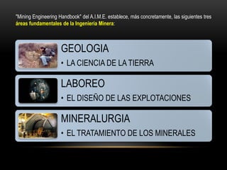 GEOLOGIA
• LA CIENCIA DE LA TIERRA
LABOREO
• EL DISEÑO DE LAS EXPLOTACIONES
MINERALURGIA
• EL TRATAMIENTO DE LOS MINERALES
"Mining Engineering Handbook" del A.I.M.E. establece, más concretamente, las siguientes tres
áreas fundamentales de la Ingeniería Minera:
 