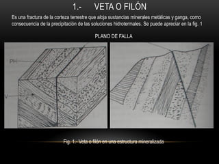 1.- VETA O FILÓN
Es una fractura de la corteza terrestre que aloja sustancias minerales metálicas y ganga, como
consecuencia de la precipitación de las soluciones hidrotermales. Se puede apreciar en la fig. 1
Fig. 1.- Veta o filón en una estructura mineralizada
PLANO DE FALLA
 