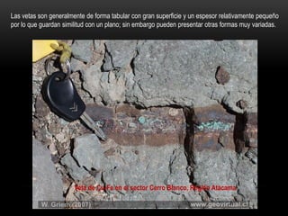 Las vetas son generalmente de forma tabular con gran superficie y un espesor relativamente pequeño
por lo que guardan similitud con un plano; sin embargo pueden presentar otras formas muy variadas.
Veta de Cu-Fe en el sector Cerro Blanco, Región Atacama
 