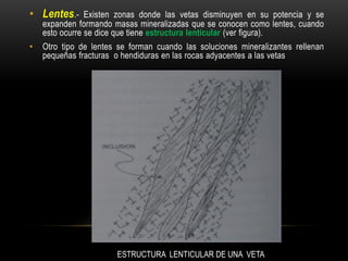 • Lentes.- Existen zonas donde las vetas disminuyen en su potencia y se
expanden formando masas mineralizadas que se conocen como lentes, cuando
esto ocurre se dice que tiene estructura lenticular (ver figura).
• Otro tipo de lentes se forman cuando las soluciones mineralizantes rellenan
pequeñas fracturas o hendiduras en las rocas adyacentes a las vetas
ESTRUCTURA LENTICULAR DE UNA VETA
 