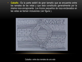 • Caballo.- Es la parte estéril de gran tamaño que se encuentra entre
los ramales de las vetas y que esta constituido generalmente por la
misma roca encajonante. Los trozos pequeños de roca enclavados en
las vetas se llaman inclusiones (ver figura ).
Caballos entre dos ramales de una veta
 
