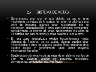 2.- SISTEMA DE VETAS
• Generalmente una veta no esta aislada, ya que un gran
movimiento de masas de la corteza terrestre ha originado una
serie de fracturas, algunas están relacionadas por su
orientación, mineralización y otras características semejantes,
constituyendo un sistema de vetas. Normalmente las vetas de
un sistema son casi paralelas y estas próximas unas a otras.
• En una zona mineralizada existen frecuentemente varios
sistemas de fracturas, de las cuales, algunas pueden estar
mineralizadas y otras no; algunas pueden aflorar mientras otras
quedan ciegas y generalmente unas tienen mayores
dimensiones que otras.
• Según la posición relativa de las vetas de un sistema con las de
otro, los sistemas pueden ser paralelos, reticulares,
convergentes, conjugados, etc. (ver figura).
 