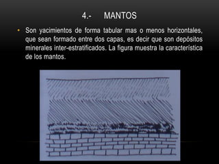 4.- MANTOS
• Son yacimientos de forma tabular mas o menos horizontales,
que sean formado entre dos capas, es decir que son depósitos
minerales inter-estratificados. La figura muestra la característica
de los mantos.
 