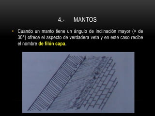 4.- MANTOS
• Cuando un manto tiene un ángulo de inclinación mayor (> de
30°) ofrece el aspecto de verdadera veta y en este caso recibe
el nombre de filón capa.
 