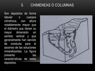 5. CHIMENEAS O COLUMNAS
Son depósitos de forma
tabular o cuerpos
cilíndricos, con altura
notablemente mayor que
el diámetro que tienen su
mayor dimensión en
sentido vertical y que
generalmente han servido
de conducto para el
ascenso de las soluciones
mineralizantes. La figura
presenta las
características de estos
depósitos.
 