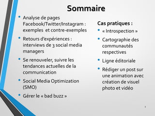 Sommaire
• Analyse de pages
Facebook/Twitter/Instagram :
exemples et contre-exemples
• Retours d’expériences :
interviews ...