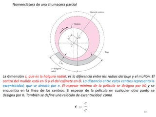 18
Nomenclatura de una chumacera parcial
La dimensión c, que es la holgura radial, es la diferencia entre los radios del buje y el muñón. El
centro del muñón está en O y el del cojinete en O. La distancia entre estos centros representa la
excentricidad, que se denota por e. El espesor mínimo de la película se designa por h0 y se
encuentra en la línea de los centros. El espesor de la película en cualquier otro punto se
designa por h. También se define una relación de excentricidad como
 