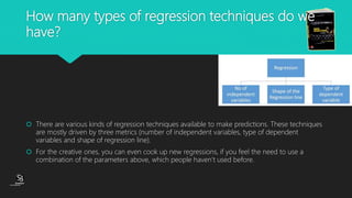 (CentreforKnowledgeTransfer)
institute
How many types of regression techniques do we
have?
 There are various kinds of regression techniques available to make predictions. These techniques
are mostly driven by three metrics (number of independent variables, type of dependent
variables and shape of regression line).
 For the creative ones, you can even cook up new regressions, if you feel the need to use a
combination of the parameters above, which people haven’t used before.
 