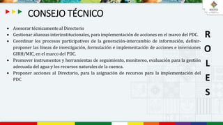 CONSEJO TÉCNICO
R
O
L
E
S
 Asesorar técnicamente al Directorio
 Gestionar alianzas interinstitucionales, para implementación de acciones en el marco del PDC.
 Coordinar los procesos participativos de la generación-intercambio de información, definir-
proponer las líneas de investigación, formulación e implementación de acciones e inversiones
GIRH/MIC, en el marco del PDC.
 Promover instrumentos y herramientas de seguimiento, monitoreo, evaluación para la gestión
adecuada del agua y los recursos naturales de la cuenca.
 Proponer acciones al Directorio, para la asignación de recursos para la implementación del
PDC
 