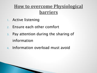 1. Active listening
2. Ensure each other comfort
3. Pay attention during the sharing of
information
4. Information overload must avoid
 