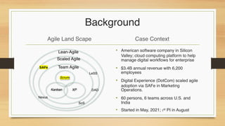 Background
• American software company in Silicon
Valley; cloud computing platform to help
manage digital workflows for enterprise
• $3.4B annual revenue with 6,200
employees
• Digital Experience (DotCom) scaled agile
adoption via SAFe in Marketing
Operations.
• 60 persons, 6 teams across U.S. and
India
• Started in May, 2021; 1st PI in August
Scrum
XP
Kanban
Team Agile
Scaled Agile
SAFe
LeSS
Nexus
DAD
SoS
Lean-Agile
Agile Land Scape Case Context
 