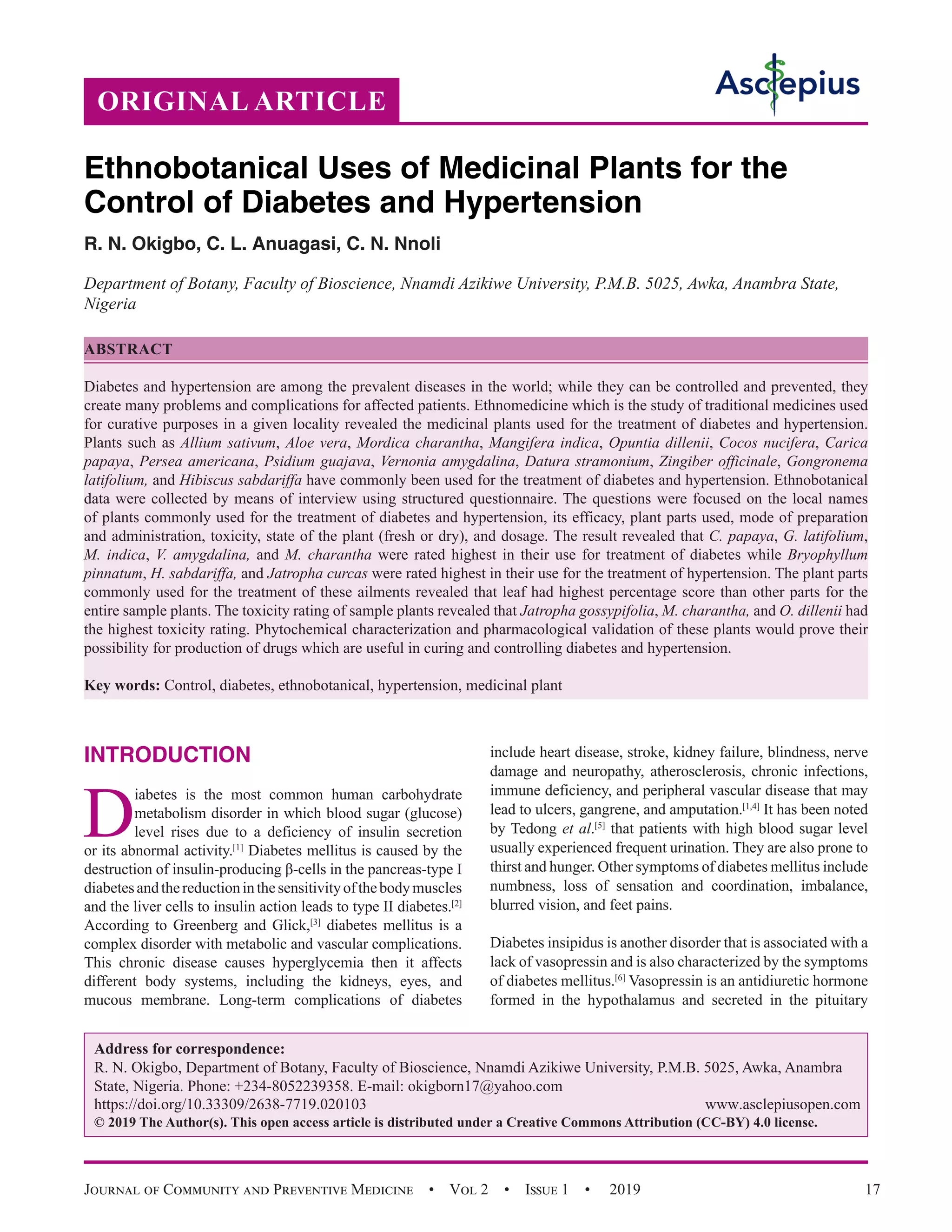 Ethnobotanical Uses of Medicinal Plants for the Control of Diabetes and ...
