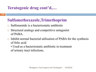 Teratogenic drug cont’d,…
112
Sulfamethoxazole,Trimethoprim
 Sulfonamide is a bacteriostatic antibiotic
 Structural analogs and competitive antagonist
of PABA.
 Inhibit normal bacterial utilisation of PABA for the synthesis
of folic acid
• Used as a bacteriostatic antibiotic in treatment
of urinary tract infections.
4/5/2022
Mutagens, Carcinogens and Teratogens
 