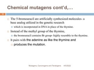 Chemical mutagens cont’d,…
18
 The 5-bromouracil are artificially synthesized molecules- a
base analog utilized in the genetic research
 which is incorporated in DNA in place of the thymine.
 Instead of the methyl group of the thymine,
 the bromouracil contains Br group- highly resemble to the thymine.
 It pairs with the adenine as like the thymine and
 produces the mutation.
4/5/2022
Mutagens, Carcinogens and Teratogens
 