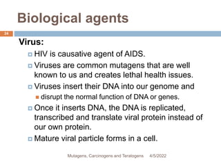 Biological agents
24
Virus:
 HIV is causative agent of AIDS.
 Viruses are common mutagens that are well
known to us and creates lethal health issues.
 Viruses insert their DNA into our genome and
 disrupt the normal function of DNA or genes.
 Once it inserts DNA, the DNA is replicated,
transcribed and translate viral protein instead of
our own protein.
 Mature viral particle forms in a cell.
4/5/2022
Mutagens, Carcinogens and Teratogens
 