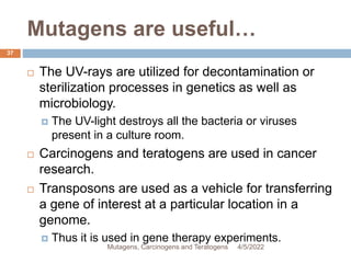 Mutagens are useful…
37
 The UV-rays are utilized for decontamination or
sterilization processes in genetics as well as
microbiology.
 The UV-light destroys all the bacteria or viruses
present in a culture room.
 Carcinogens and teratogens are used in cancer
research.
 Transposons are used as a vehicle for transferring
a gene of interest at a particular location in a
genome.
 Thus it is used in gene therapy experiments.
4/5/2022
Mutagens, Carcinogens and Teratogens
 