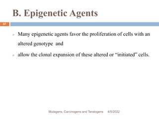 B. Epigenetic Agents
67
 Many epigenetic agents favor the proliferation of cells with an
altered genotype and
 allow the clonal expansion of these altered or “initiated” cells.
4/5/2022
Mutagens, Carcinogens and Teratogens
 
